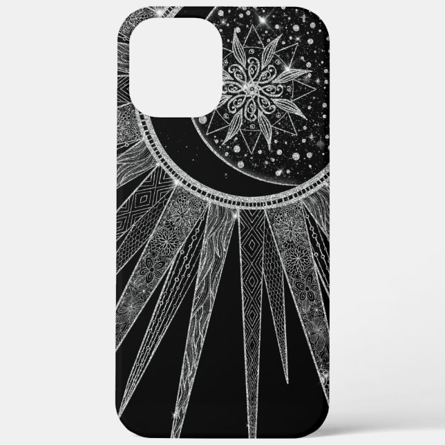 Elegantes Silver Sun Moon Mandala Schwarzes Design Case-Mate iPhone Hülle (Rückseite)