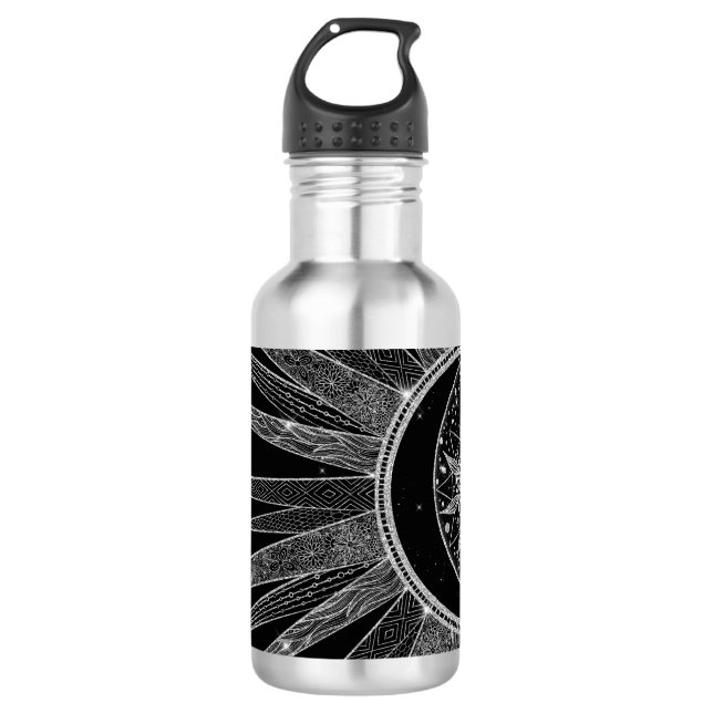 Elegantes Silver Sun Moon Mandala Schwarzes Design Edelstahlflasche (Vorderseite)