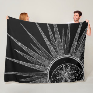 Elegantes Silver Sun Moon Mandala Schwarzes Design Fleecedecke