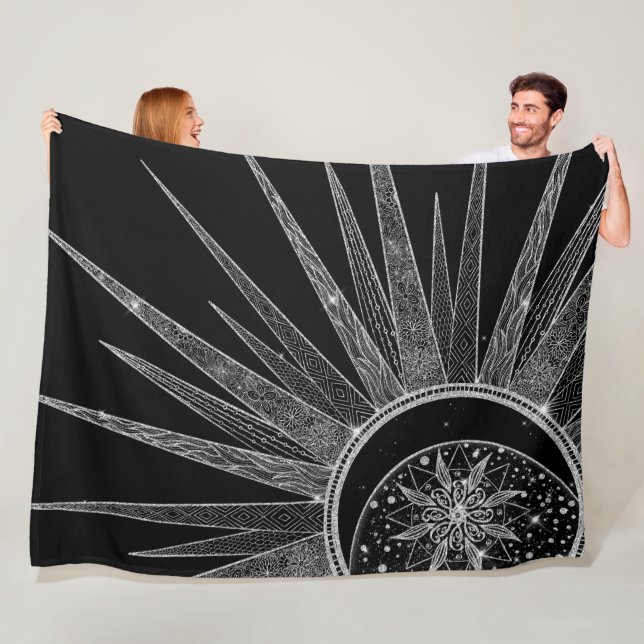 Elegantes Silver Sun Moon Mandala Schwarzes Design Fleecedecke (Beispiel)