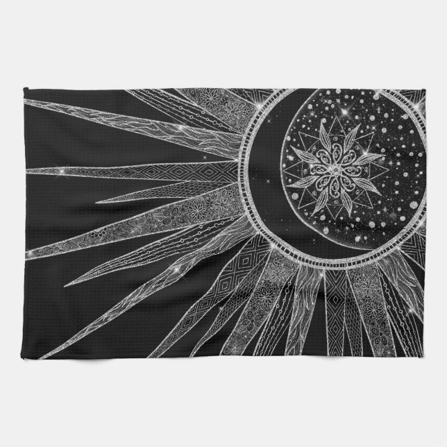 Elegantes Silver Sun Moon Mandala Schwarzes Design Geschirrtuch (Horizontal)