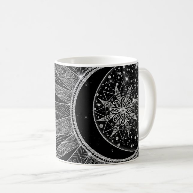 Elegantes Silver Sun Moon Mandala Schwarzes Design Kaffeetasse (VorderseiteRechts)