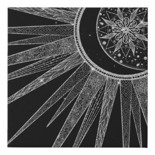 Elegantes Silver Sun Moon Mandala Schwarzes Design Künstlicher Leinwanddruck