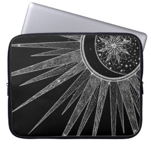 Elegantes Silver Sun Moon Mandala Schwarzes Design Laptopschutzhülle