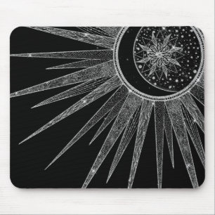 Elegantes Silver Sun Moon Mandala Schwarzes Design Mousepad
