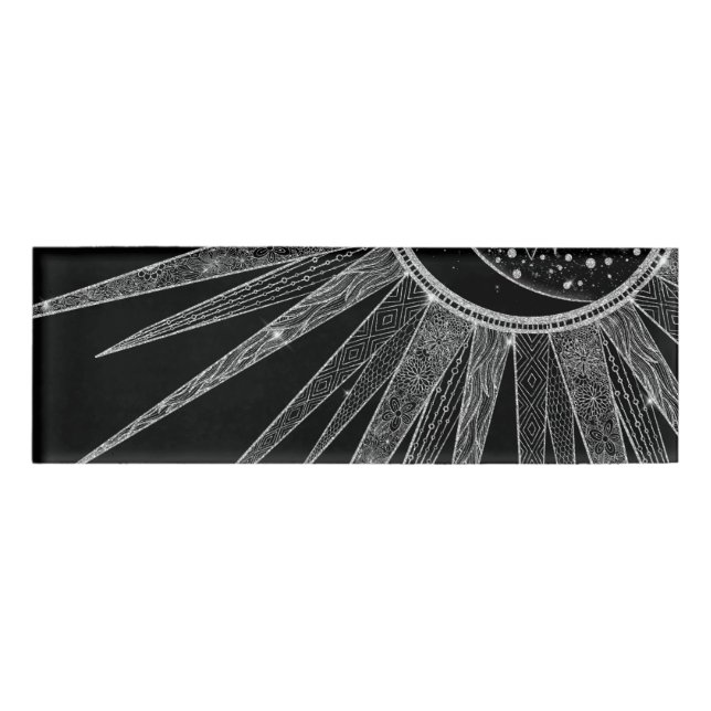 Elegantes Silver Sun Moon Mandala Schwarzes Design Namenschild (Vorderseite)