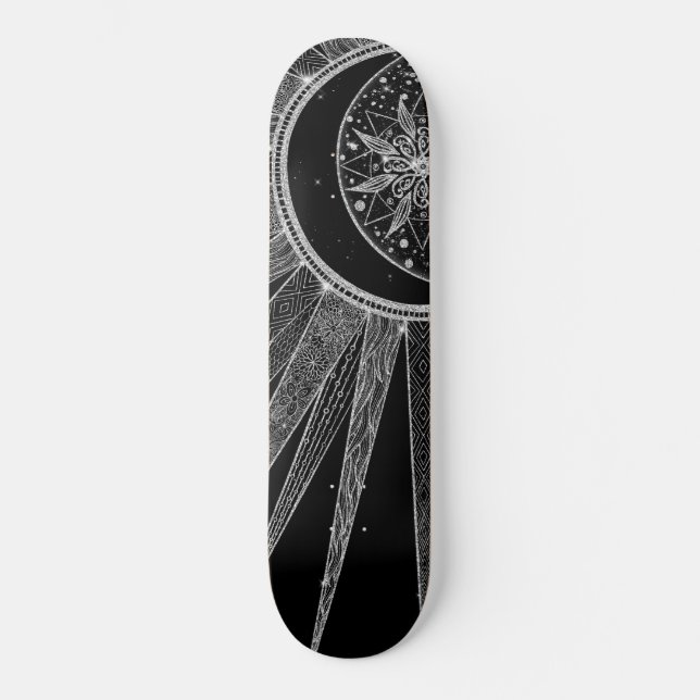 Elegantes Silver Sun Moon Mandala Schwarzes Design Skateboard (Vorderseite)