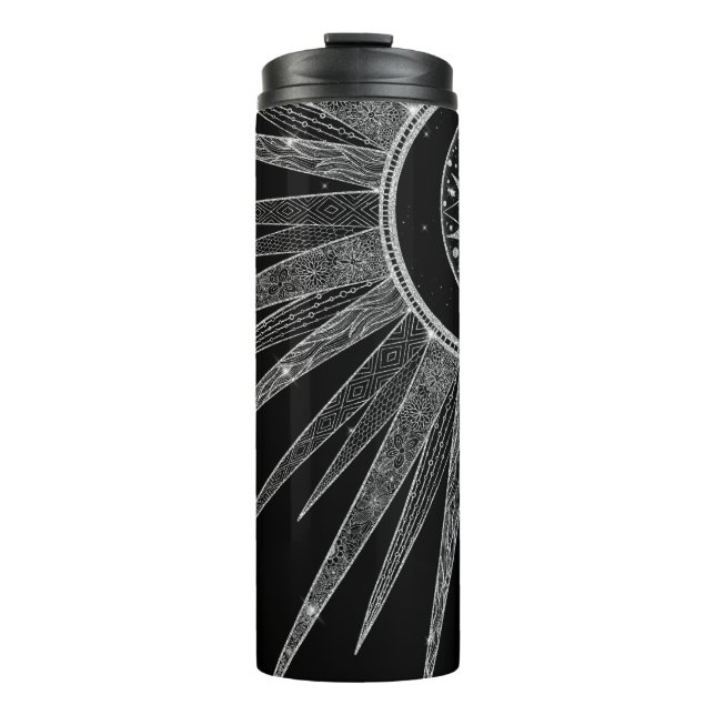 Elegantes Silver Sun Moon Mandala Schwarzes Design Thermosbecher (Vorderseite)