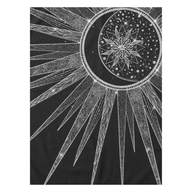 Elegantes Silver Sun Moon Mandala Schwarzes Design Tischdecke (Vorderseite)