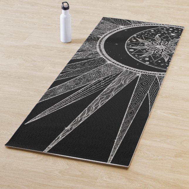 Elegantes Silver Sun Moon Mandala Schwarzes Design Yogamatte (Beispiel)