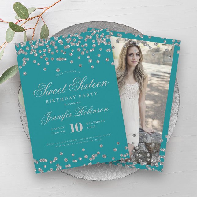 Elegantes Silver Turquoise Confetti Foto Sweet 16 Einladung (Elegant Silver Turquoise Confetti Photo Sweet 16 Invitation)