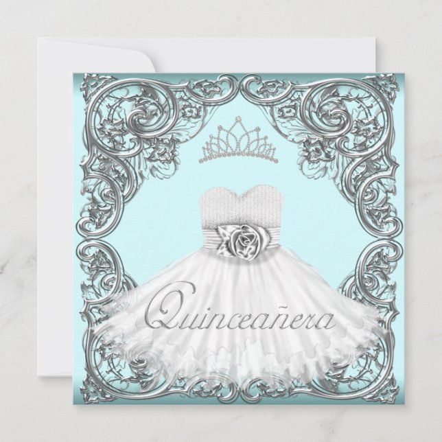 Elegantes Silver und Aquamarin Blue Quinceanera Einladung (Vorderseite)