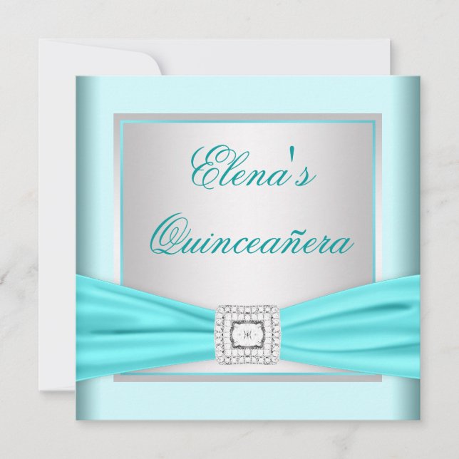 Elegantes Silver und Aquamarin Blue Quinceanera Einladung (Vorderseite)