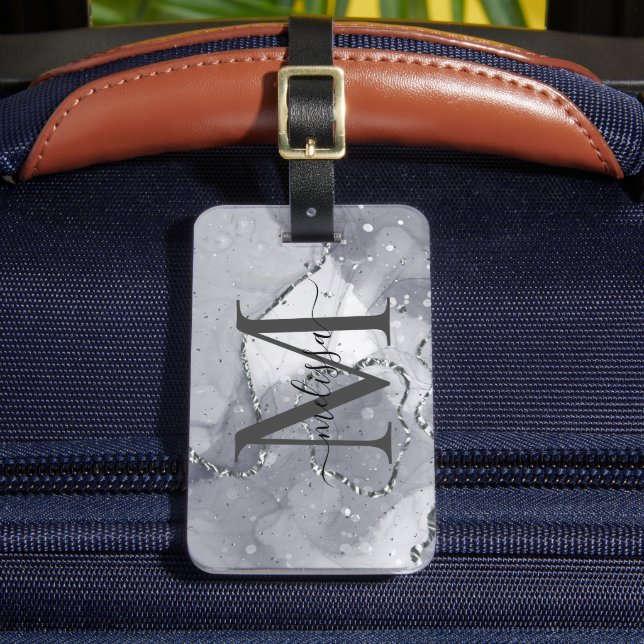 Elegantes Silver und Schwarz Monogramat Gepäckanhänger (Vorderseite Insitu 2)