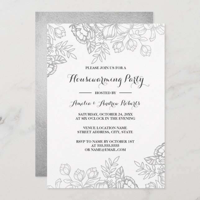 Elegantes Silver Vintag Floral Housewarming Party Einladung (Vorne/Hinten)