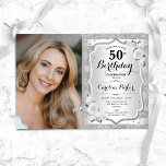 Elegantes Silver White Foto 50. Geburtstag Einladung<br><div class="desc">Elegante florale feminine 50. Geburtstagseinladung mit Ihrem Foto. Glam-Design mit Imitaten Glitzer Silber. Features Streifen,  weiße Rosen,  Skript-Schriftart und Konfetti. Ideal für ein stilvolles Party für Erwachsene. Personalisieren Sie Ihre persönlichen Daten. Kann für jedes Alter angepasst werden! Gedruckte Zazzle Einladungen oder Sofortdownload digitalen druckbaren Vorlage.</div>