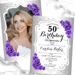 Elegantes Silver White Lila Foto 50. Geburtstag Einladung<br><div class="desc">Elegante florale feminine 50. Geburtstagseinladung mit Ihrem Foto auf der Kartenrückseite. Glam-Design mit Imitaten Silber. Enthält lila Rose,  Skript-Schriftart und Konfetti. Ideal für ein stilvolles Party für Erwachsene. Personalisieren Sie Ihre persönlichen Daten. Kann für jedes Alter angepasst werden! Gedruckte Zazzle Einladungen oder Sofortdownload digitalen druckbaren Vorlage.</div>