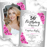 Elegantes Silver White Pink Foto 50. Geburtstag Einladung<br><div class="desc">Elegante florale feminine 50. Geburtstagseinladung mit Ihrem Foto auf der Kartenrückseite. Glam-Design mit Imitaten Silber. Enthält rosa Rosen,  Skript-Schriftart und Konfetti. Ideal für ein stilvolles Party für Erwachsene. Personalisieren Sie Ihre persönlichen Daten. Kann für jedes Alter angepasst werden! Gedruckte Zazzle Einladungen oder Sofortdownload digitalen druckbaren Vorlage.</div>