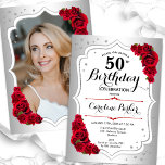 Elegantes Silver White Red Foto 50. Geburtstag Einladung<br><div class="desc">Elegante florale feminine 50. Geburtstagseinladung mit Ihrem Foto auf der Kartenrückseite. Glam-Design mit Imitaten Silber. Enthält rote Rosen,  Skript-Schriftart und Konfetti. Ideal für ein stilvolles Party für Erwachsene. Personalisieren Sie Ihre persönlichen Daten. Kann für jedes Alter angepasst werden! Gedruckte Zazzle Einladungen oder Sofortdownload digitalen druckbaren Vorlage.</div>