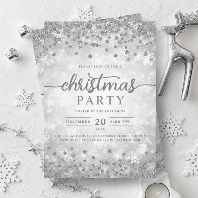 Elegantes Silver Winter Diamonds Weihnachts-Party Einladung (Elegant Silver Winter Diamonds Christmas Party Invitation)