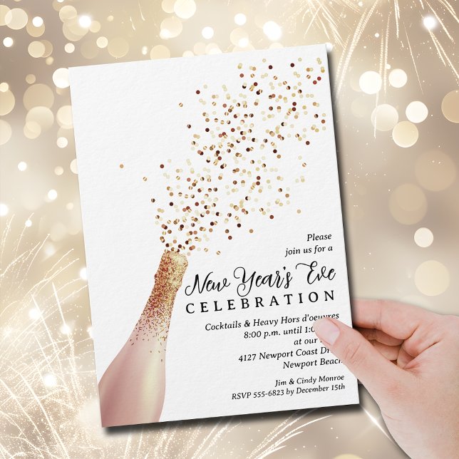Elegantes Silvester mit Champagner Einladung (Elegant Champagne bottle spray New Year's Eve party invitations, PRINTED and/or INSTANT DOWNLOAD)