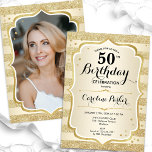 Elegantes Simple Gold Foto 50. Geburtstag Einladung<br><div class="desc">Elegante weibliche 50. Geburtstagseinladung mit Ihrem Foto auf der Kartenrückseite. Glam-Design mit Imitaten Glitzer Gold. Verfügt über goldene Streifen,  Skript-Schriftart und Konfetti. Ideal für ein stilvolles Party für Erwachsene. Personalisieren Sie Ihre persönlichen Daten. Kann für jedes Alter angepasst werden! Gedruckte Zazzle Einladungen oder Sofortdownload digitalen druckbaren Vorlage.</div>