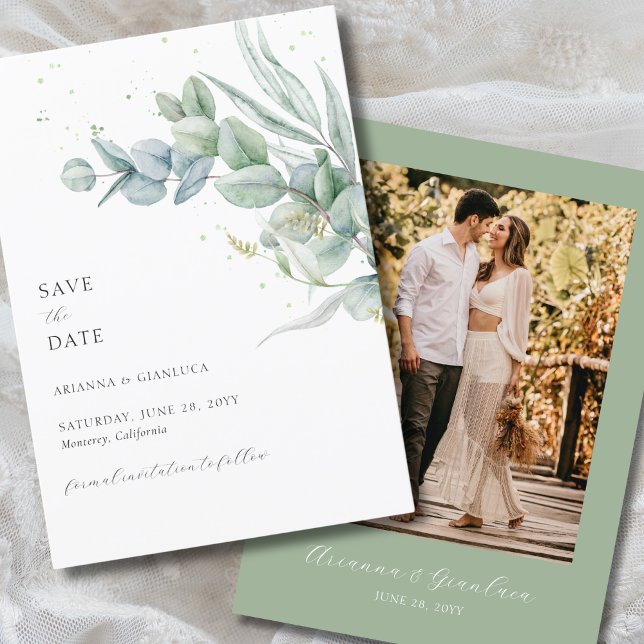 Elegantes Simple Sage Green Foto Save the Date Einladung (Elegant, sage green, save the date card with watercolor greenery, calligraphy script and photo)