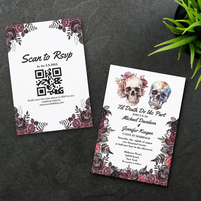Elegantes Skelett Blumen zwischen Hochzeit qr Code Einladung (Von Creator hochgeladen)