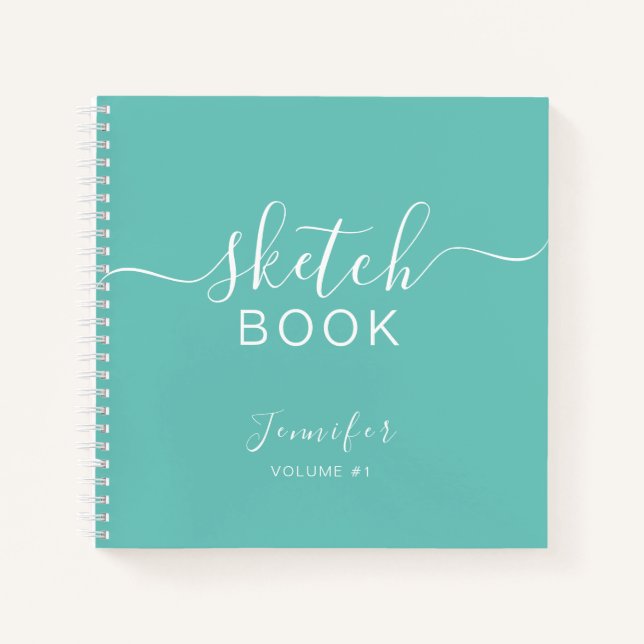 Elegantes Sketchbook Ihr Name Script Aquamarin Blu Notizbuch (Vorderseite)