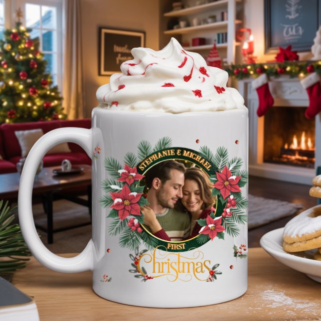 Elegantes Skript 2 Foto Wasserfarben-Weihnachtskra Kaffeetasse (Von Creator hochgeladen)