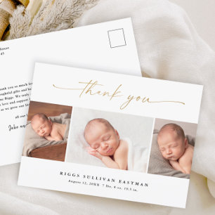 Elegantes Skript 3 Foto-Collage Baby Dankeschön Postkarte