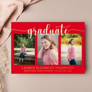 Elegantes Skript 3 Foto Rot Abschluss Gold Folieneinladung