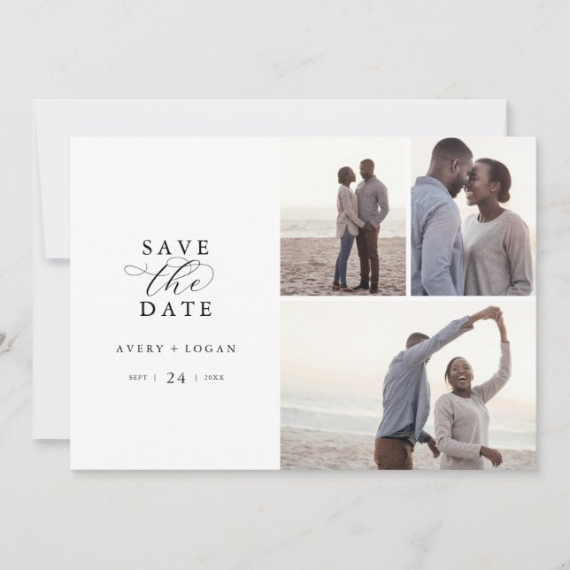 Elegantes Skript 3 FotoCollage Save the Date (Vorderseite)