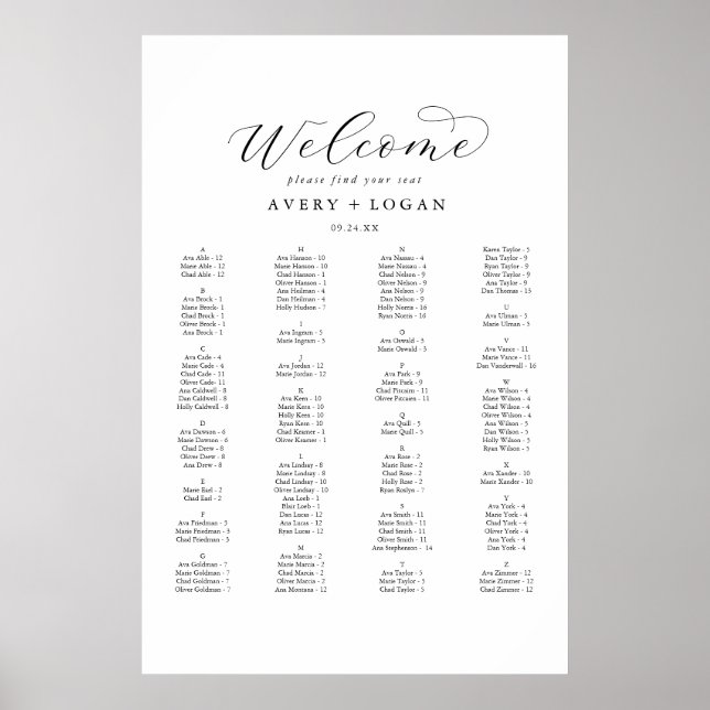 Elegantes Skript Alphabetisches Seating Chart Poster (Vorne)