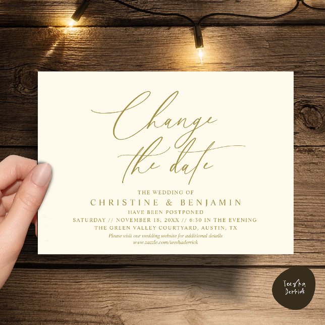 Elegantes Skript Ändere das Datum Hochzeit verschi Einladung (Elegant Script Change the Date Wedding Postponement Invitation Card in Yellow Cream Gold)