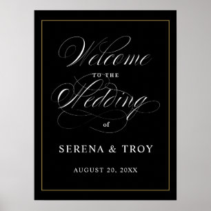 Elegantes Skript Begrüßungszeichen Hochzeit Schwar Poster
