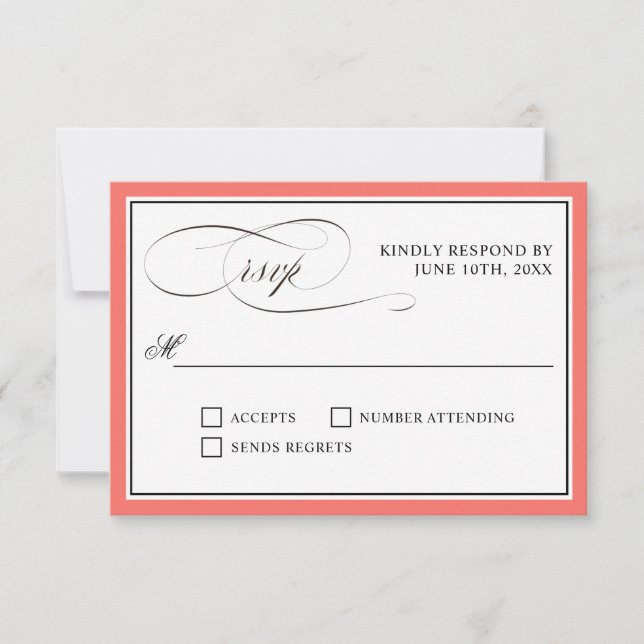 Elegantes Skript Blühe UAWG Coral Border RSVP Karte (Vorderseite)