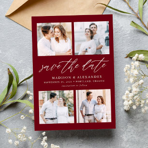Elegantes Skript Burgund 4 Foto-Collage Save The Date