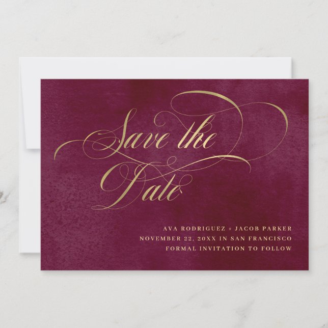 Elegantes Skript | Burgund und Gold Save The Date (Vorderseite)