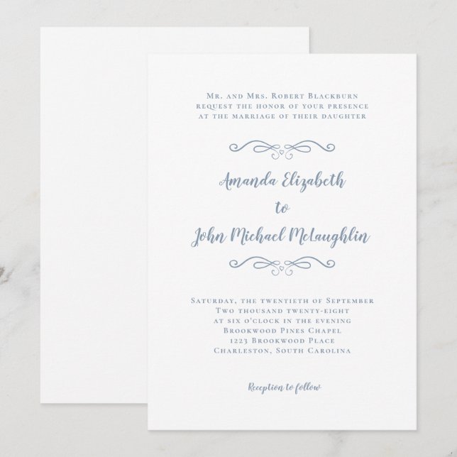 Elegantes Skript Classic Formal Wedding Dusty Blue Einladung (Vorne/Hinten)