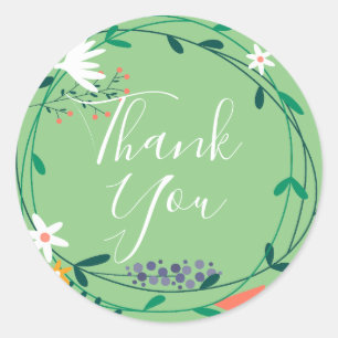 Elegantes Skript Dankeschön Blumenkranz Grün Runder Aufkleber
