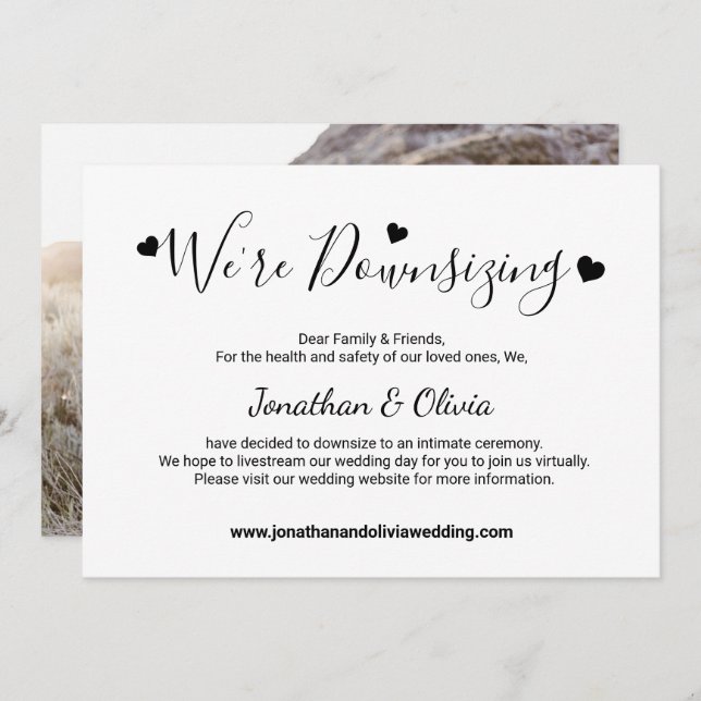 Elegantes Skript Downsizing Kleiner Hochzeitsstift Ankündigung (Vorne/Hinten)