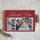 Elegantes Skript Drei Fotocollagen Rote Hochzeit Dankeskarte<br><div class="desc">Danke an Familie und Freunde, dass sie mit dieser individuell gestaltbaren Foto Collage zu Ihrer Veranstaltung beigetragen haben. Es zeichnet sich durch elegante Schrift und einfache Typografie aus. Personalisiert, indem Sie Ihre eigenen Details hinzufügen und Ihre Lieblings-Hochzeitsfeiern Fotos. Dieses Foto Dankeschön-Karte ist auch für Babyduschen, Geburtstage, Brautpartys und andere Veranstaltungen...</div>
