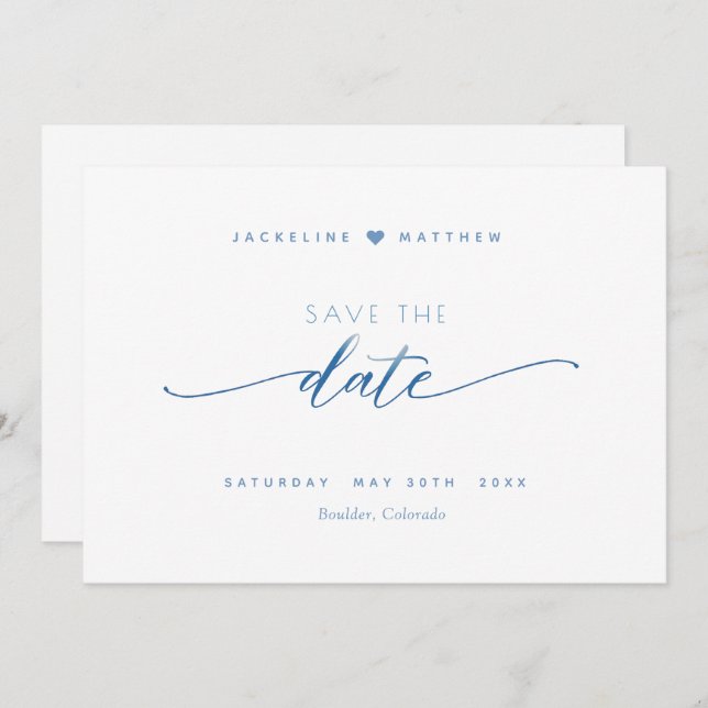Elegantes Skript, Dusty Blue, White Simple Wedding Save The Date (Vorne/Hinten)