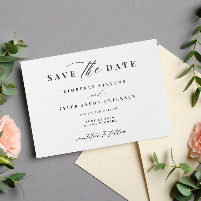 Elegantes Skript einfache Schwarz-Weiß-Hochzeit Save The Date (Von Creator hochgeladen)