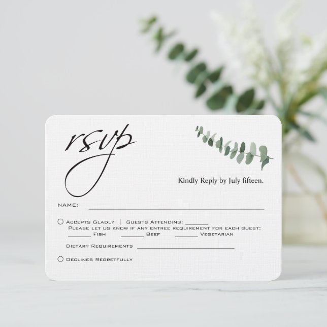Elegantes Skript Eucalyptus QR Code Wedding rsvp Mitteilungskarte (Stehend Vorderseite)