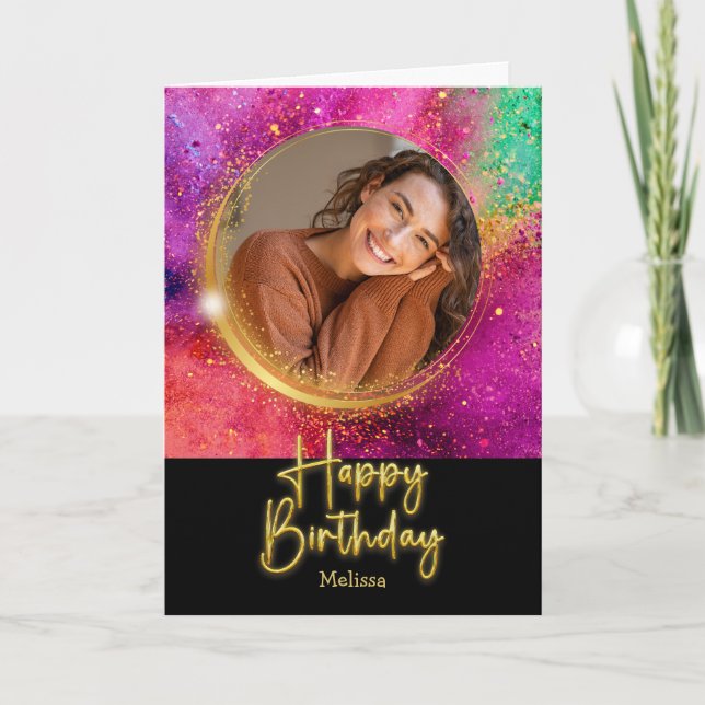 Elegantes Skript Farbiger Glitter-Foto-Geburtstag Karte (Vorderseite)