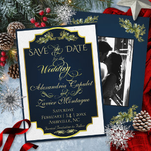 Elegantes Skript & Foto - Blau/Gold Save The Date