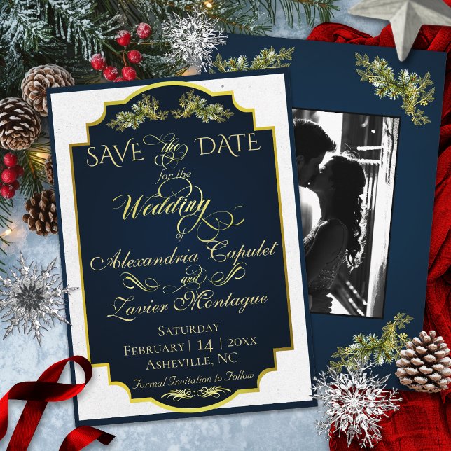 Elegantes Skript & Foto - Blau/Gold Save The Date (Von Creator hochgeladen)