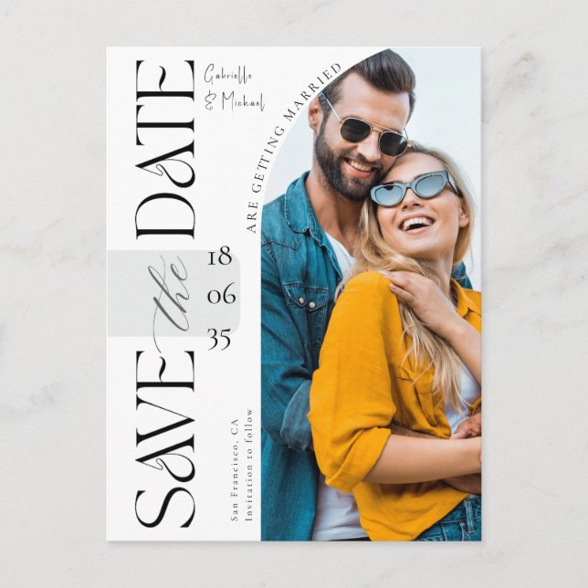Elegantes Skript-Foto-Bogen-Hochzeit Save The Date Postkarte (Vorderseite)
